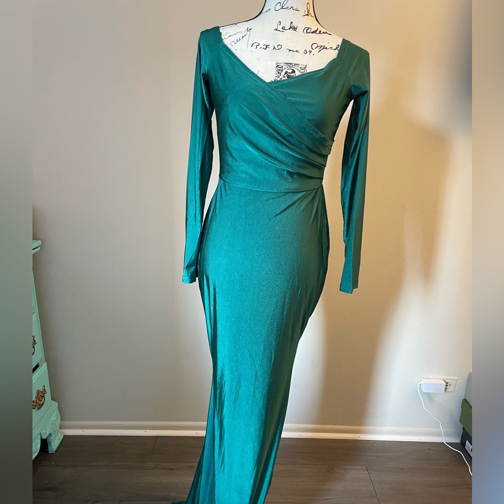 Green satin evening dress